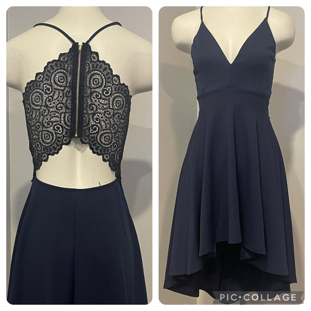 Windsor high low waterfall lace open back spaghetti strap, zipper v neck dress
